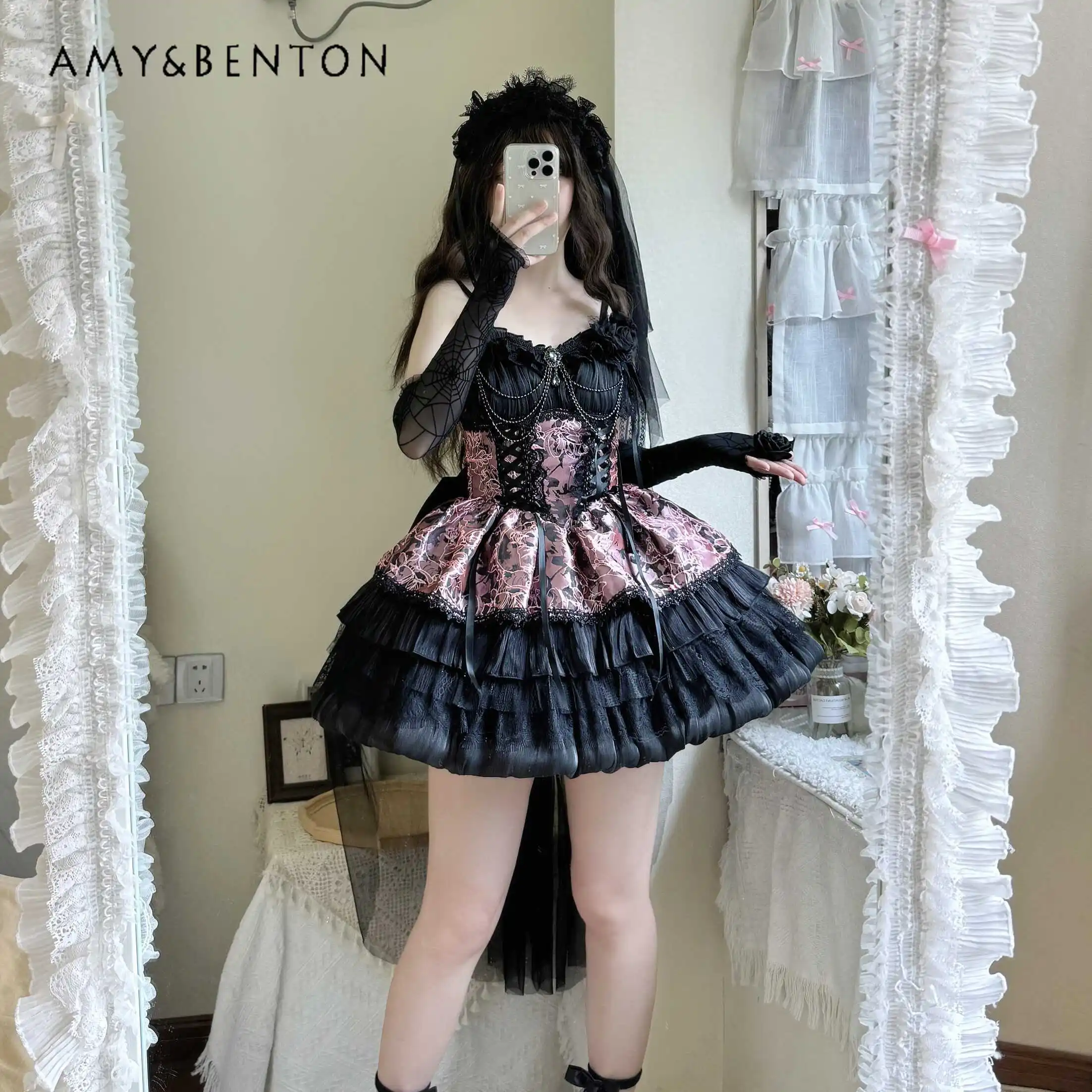 Dark Girl Lolita JSK Suspender Dress Retro Pearl Pendant Sexy Strapless Patchwork Subcultural Temperament Princess Tutu Dresses