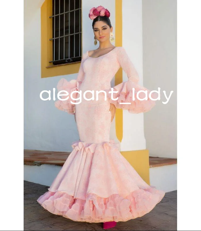 Vestido de fiesta de sirena de manga larga con volantes de encaje, vestido de tren de flamenco, vestido de noche español, Rosa