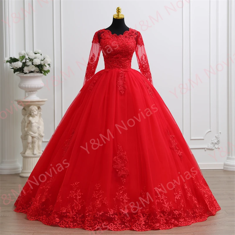 Y&M V Neck Full Sleeve Customize Plus Size Vestido De Noiva 2025 Wedding Dress Floor length Appliqes Bridal Tulle Mariage