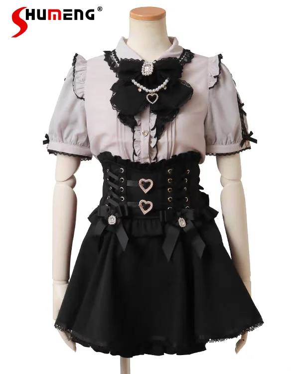 Japanese SC Mine Series Shirt Mass-Produced Lolita Sweet Bow Chain Heart Pendant Blouse Summer Short Sleeved Y2k Sweet Blusas