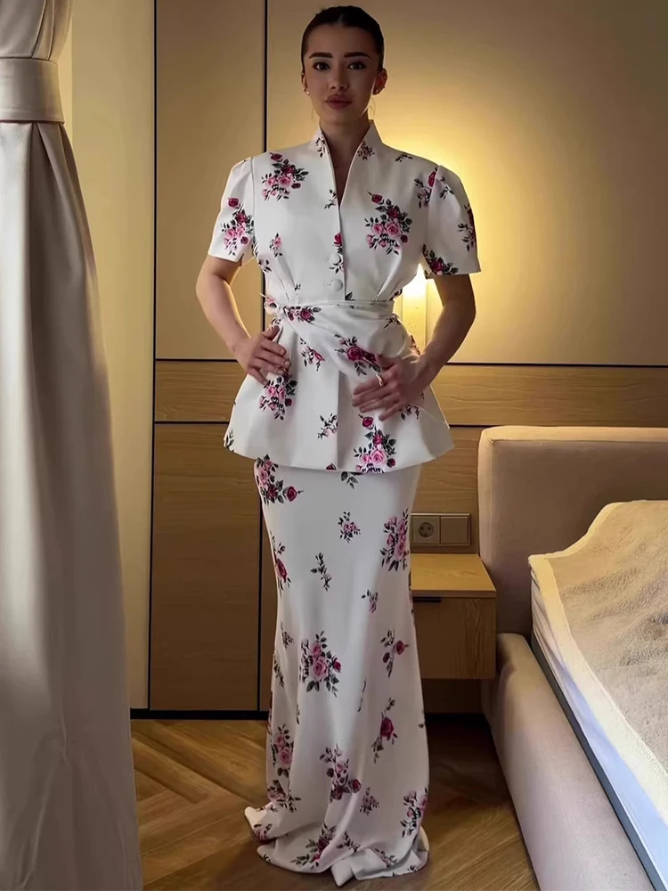 

Trendix Fashion Floral Print Long Dress Women Button Splice V Neck Cardigan Top High Waist Slim Maxi Skirt Two Piece Sets Femme