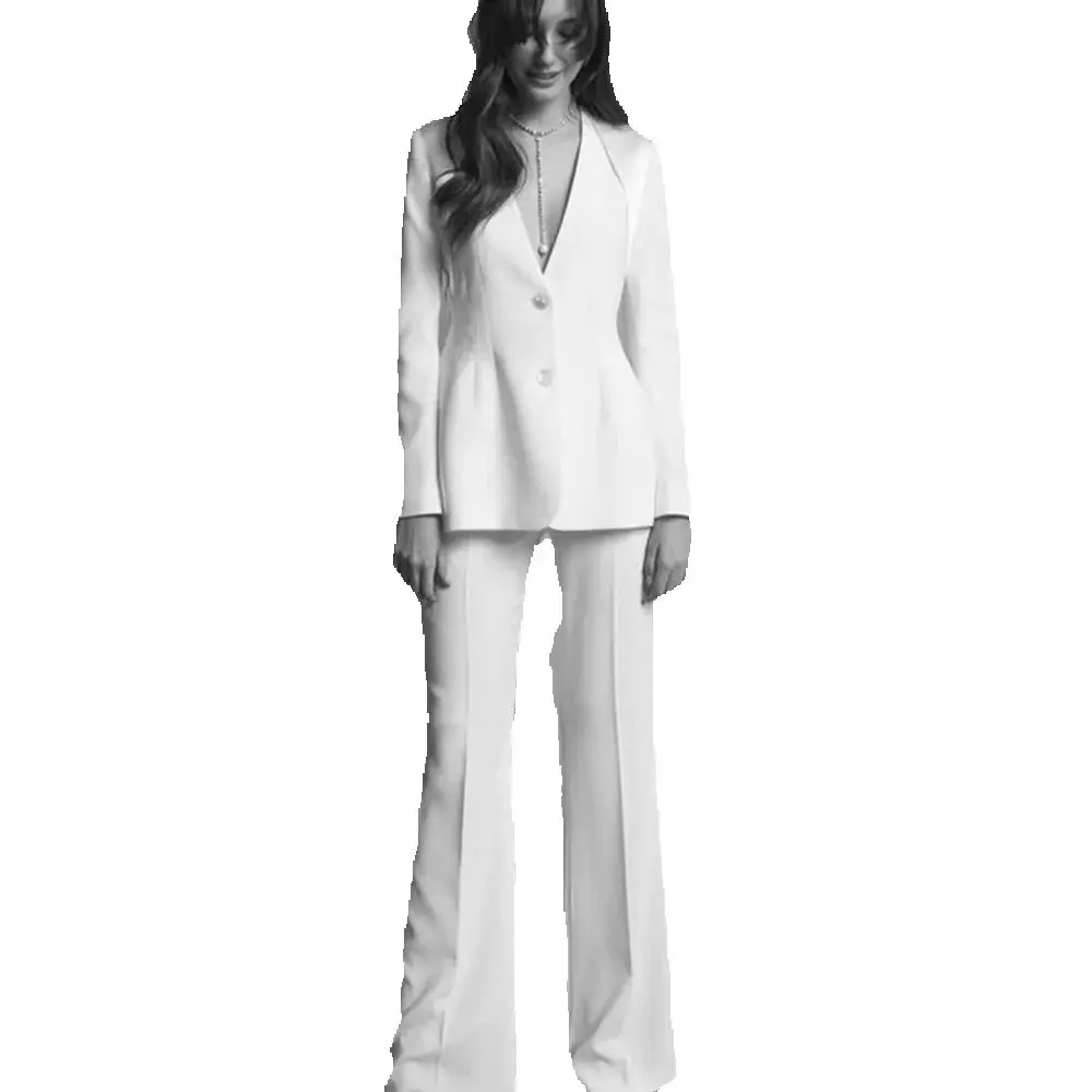 Trajes blancos de moda para mujer, chaqueta de 2 piezas con cuello en V y una hilera de botones, pantalones, ropa femenina, conjuntos de Blazers para banquete de oficina para mujer