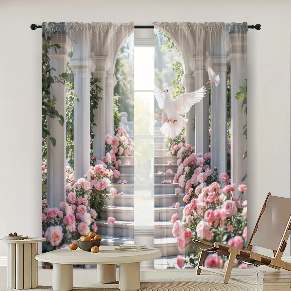 2pc,  Window Drapes Elegant pink rose and dove design Versatile Durable Polyester,Without Electricity Versatile for Holiday