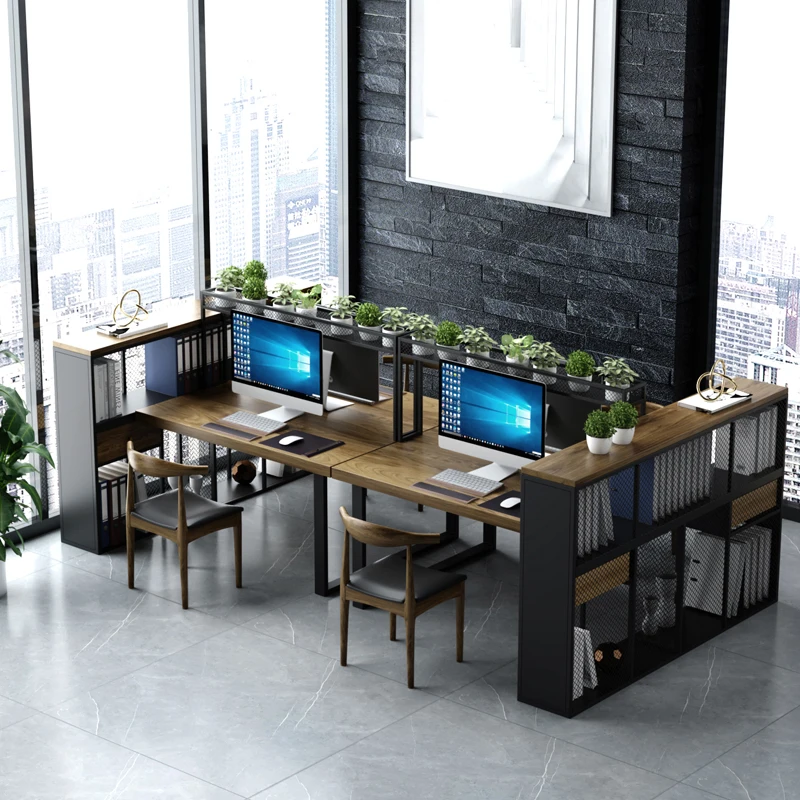 Office staff solid wood desk workstations with side cabinets, screen partitions, and two face-to-face computer workstations