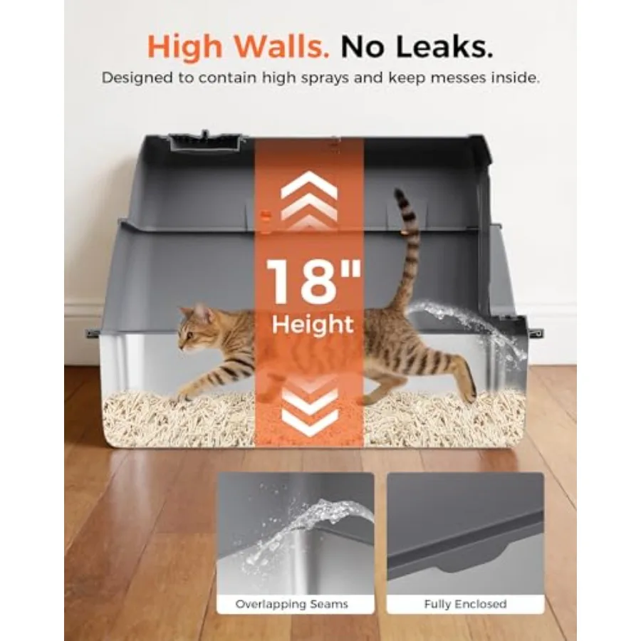 XXL Stainless Steel Cat Litter Box with Lid High Sided Enclosed Covered Litterbox Activated Carbon Odor Control Extra Large Met view 6
