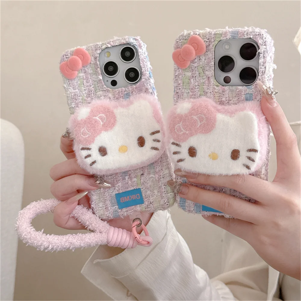 

New cute 3D Hellokitty warm fluffy plush phone case for iPhone 13 14 15 16 17 Pro Max Fundas with lanyard kawaii protective Case
