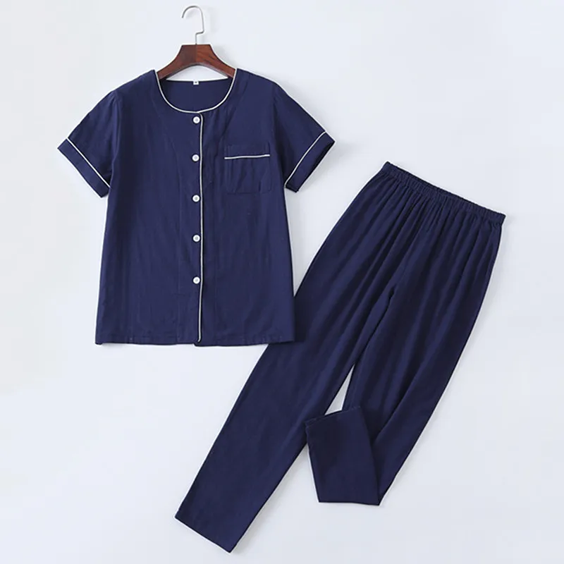 Spring Summer Pajamas Women Buttons Shirt Pant Suit Short Sleeve Sleepwear Set 100% Cotton Lounge Pyjamas Femme Nightwear