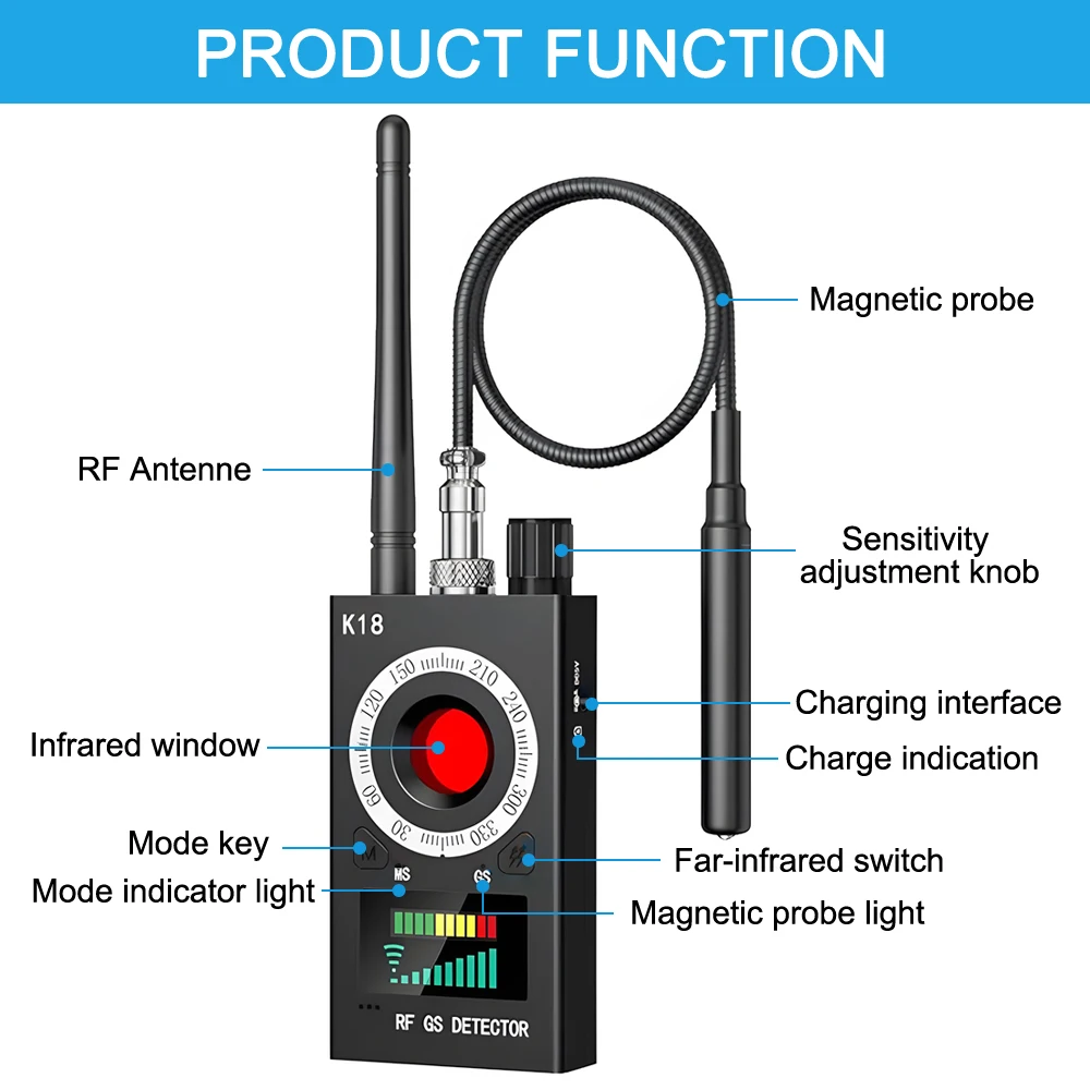 K18 Anti Candid Camera Detector Bug Gadgets Wiretapping Finder GPS Signal Lens RF Spy Tracker Detect Multi-function Anti Camera