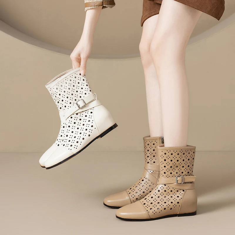 

Genuine Leather Cowhide Women's Sandals, Hollow Out Breathable Summer Mesh ﻿Ankle boots, Fashion Heels Womens Shoes