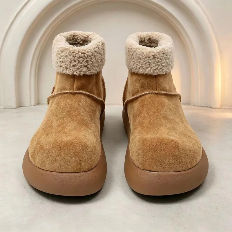 Retro Suede Thick Soled Men Snow Boots with Plush Sheep Cake Wool Rolled Edge Short Cotton Boots Warm Non Slip Worn Externally