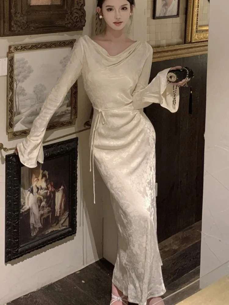 Robe de Soirée de Mariage pour Femme, Manches Évasées, Col Osccorporelle, Vintage Français, Bal, Midi, Éducatif, Nouvelle Collection Automne