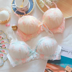 Sweet and lovely floral embroidered bralette lace girls' underwear set Japanese push up women lingerie ladies gathered bra sets