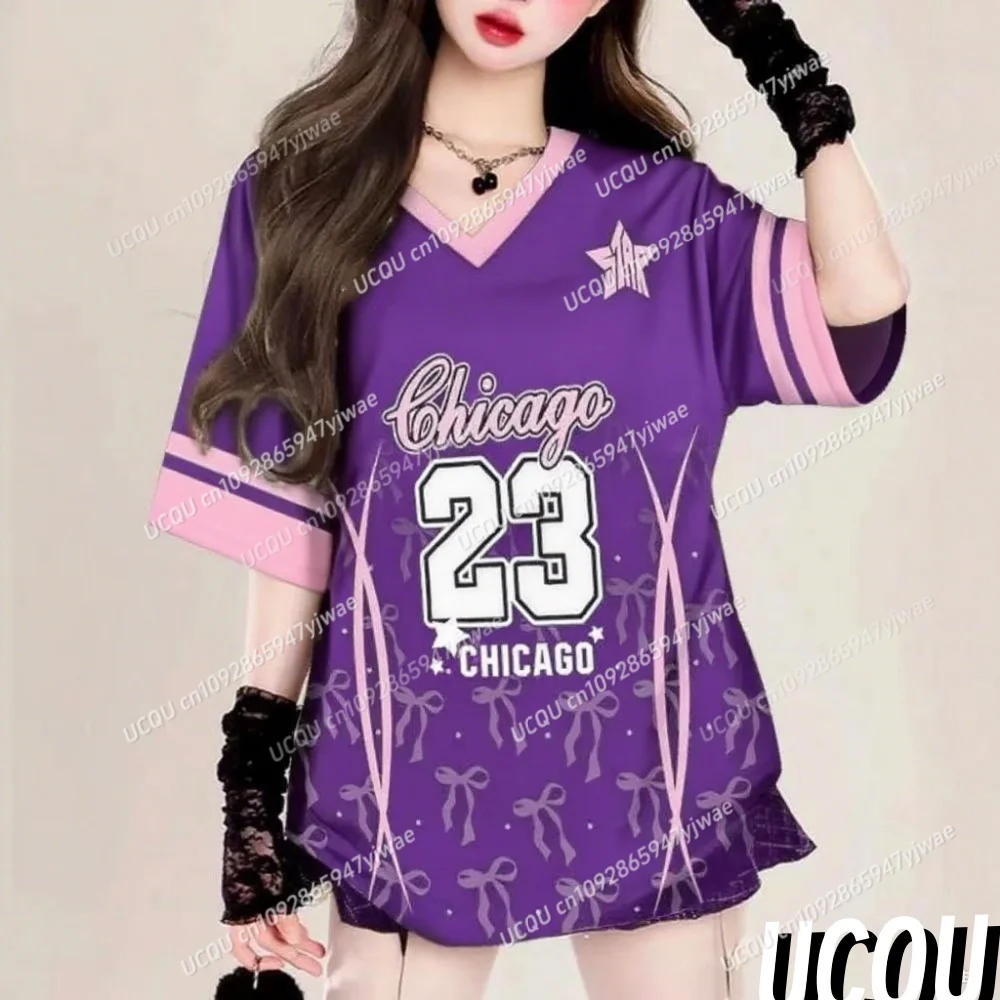 Zomer Vrouwen Nummer 23. CHICAGO Print V-hals Korte Mouw T-shirt Tee Baseball Jerseys Dagelijks Tops Vrouwelijke Tees Vrouwelijke Kleding