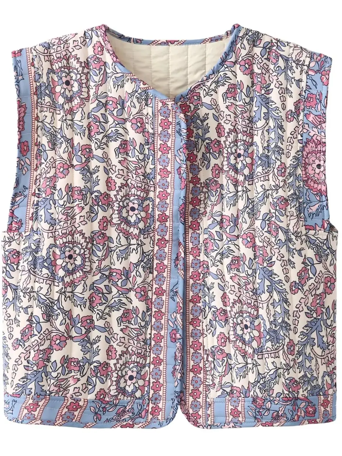

2025 Autumn Women's Casual Retro Ethnic O-neck Sleeveless Padded Vests Female Versatile Short Floral Printed Quilted Waistcoats