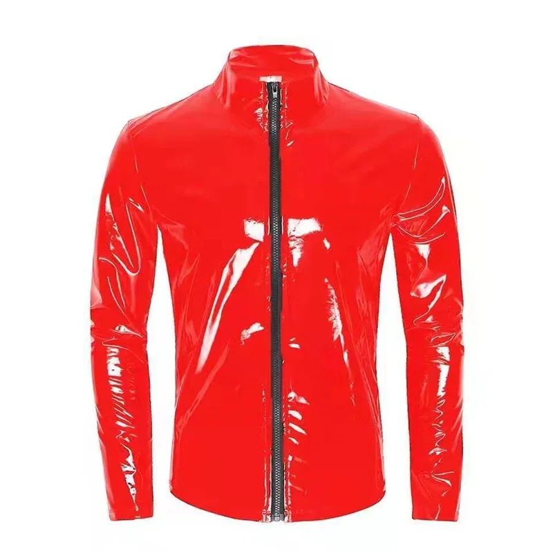 New Men Zipper Cardigan Stand-up Neck Shirt PVC Glossy Patent Leather Sexy Tight Stretch Latex Outerwear Male Motorbike Clothing