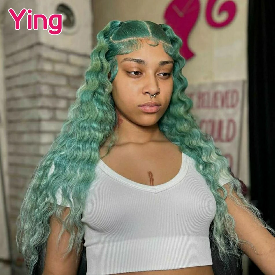 Ying Pine Green Colored Deep Wave 13x4 Lace Frontal Wig Human Hair Peruvian Remy PrePlucked With Baby Hair 13x6 Lace Front Wig