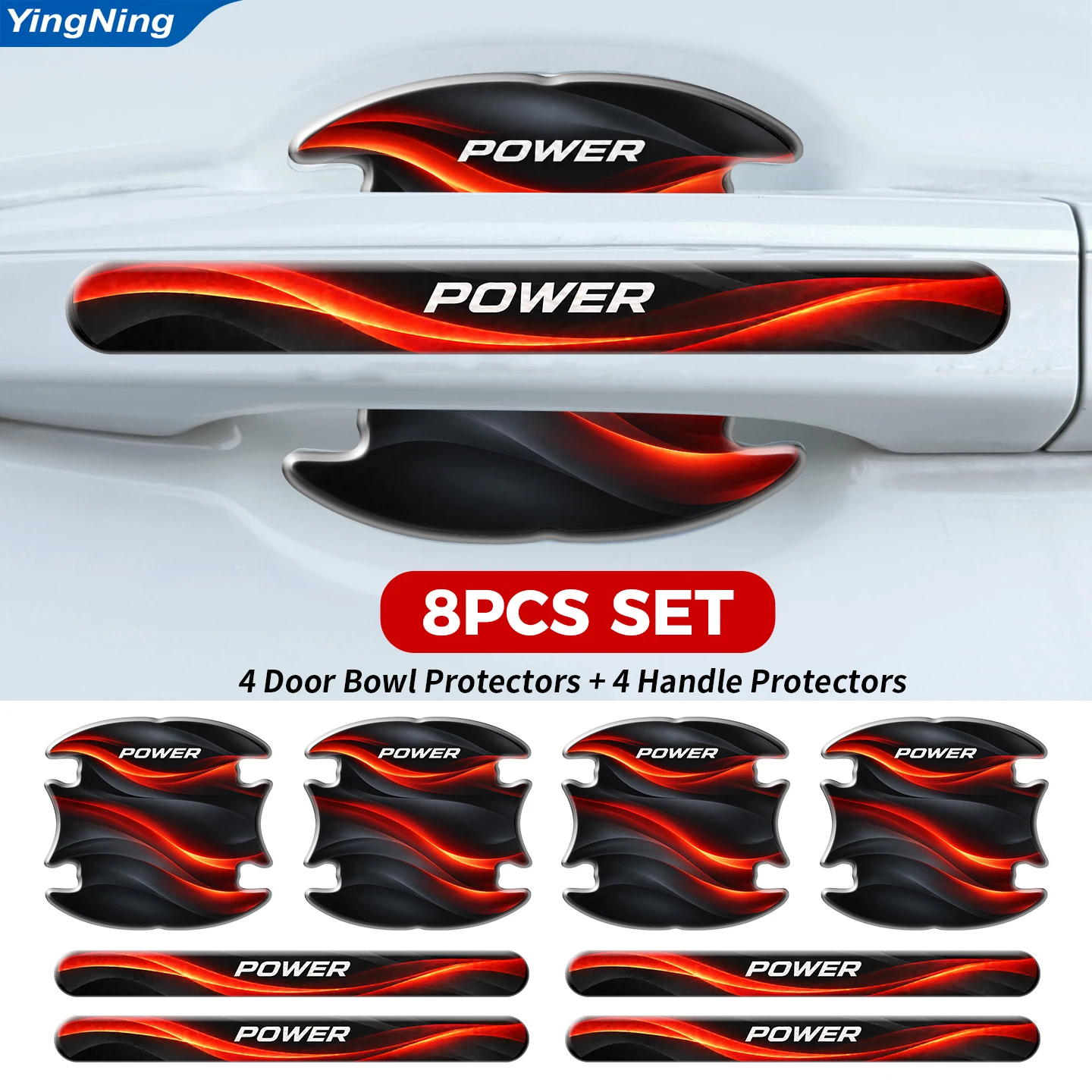 Red Power Racing Car Door Handle Protector Stickers 3D Epoxy Resin Door Cup Bowl Guards Sporty Red Wave Art Exterior Accessories