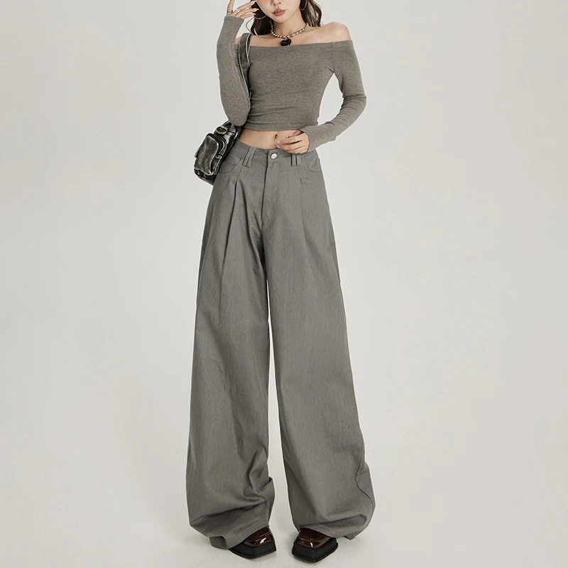 ZMAYC Women's Gray Pleated Wide Legs Suit Pants  Wide Leg High Waist Casual Korean Fashion Versatile Straight Casual Pants