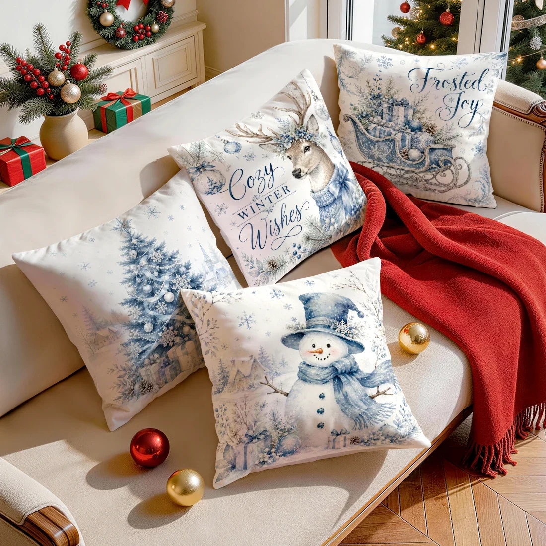 Icy Blue Watercolor Winter Christmas Cushions Pillowcase Polyester Cushion Cover Throw Pillow Pillowcover Home Car Sofa Decor