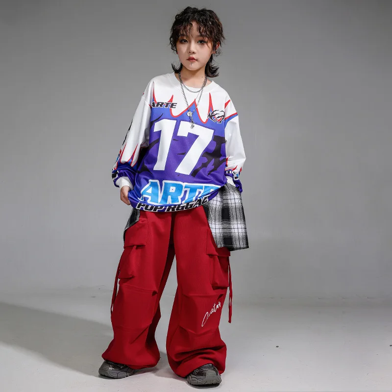 

Kid Hip Hop Clothing Blue White Print Sweatshirt Top Wine Red Casual Pleated Cargo Pants for Girl Boy Jazz Dance Costume Clothes