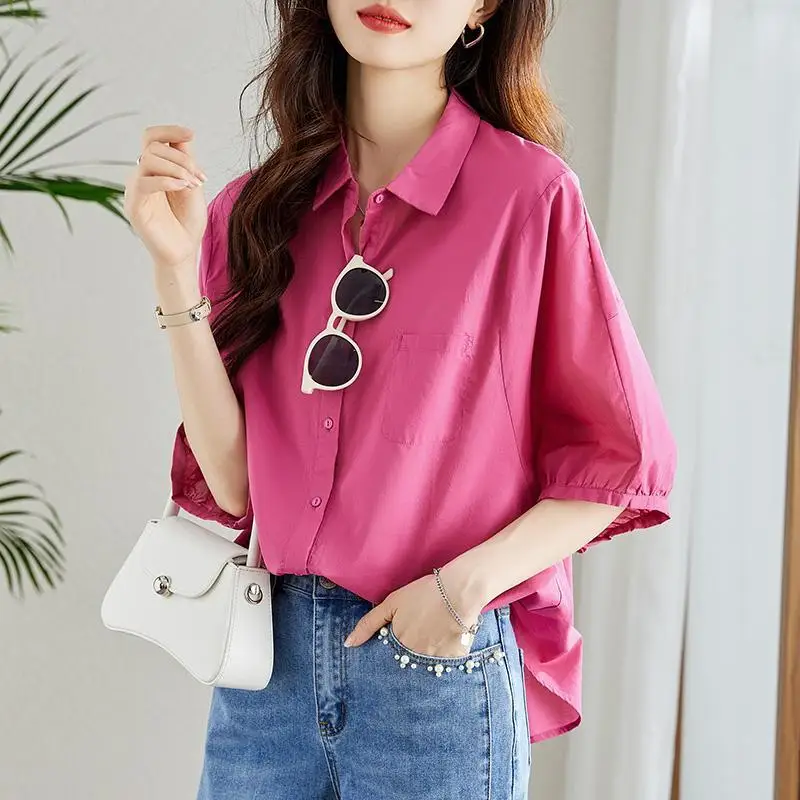 Fashion Single-breasted Blouse Half Sleeve Casual Loose Women\'s Clothing Pockets Spliced Polo-Neck 2024 Summer Solid Color Shirt