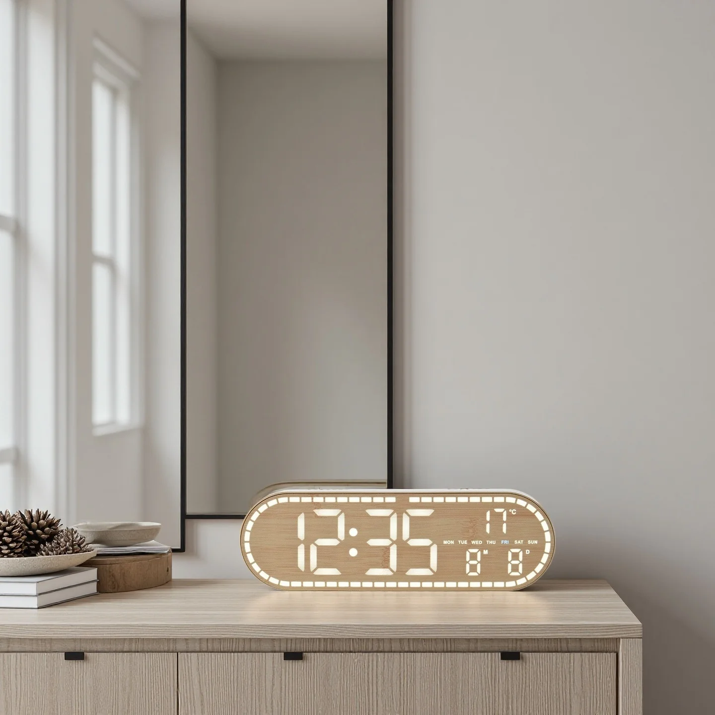 USB-Betriebene Digitale Wanduhr mit Temperatur-, Wochen- und Datumsanzeige, Doppelalarm, 4 Helligkeitsstufen, Timer, Schlummerfunktion, Tischuhr, 12/24-Stunden-LED-Uhr – Detail 6