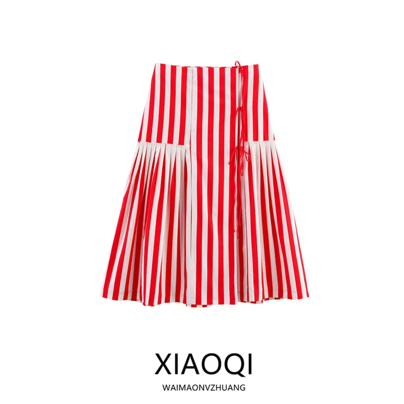

Новая женская летняя юбка миди 2025 года из хлопка в полоску с узлом, свободного кроя, универсальная, с завышенной талией, облегающая фигуру