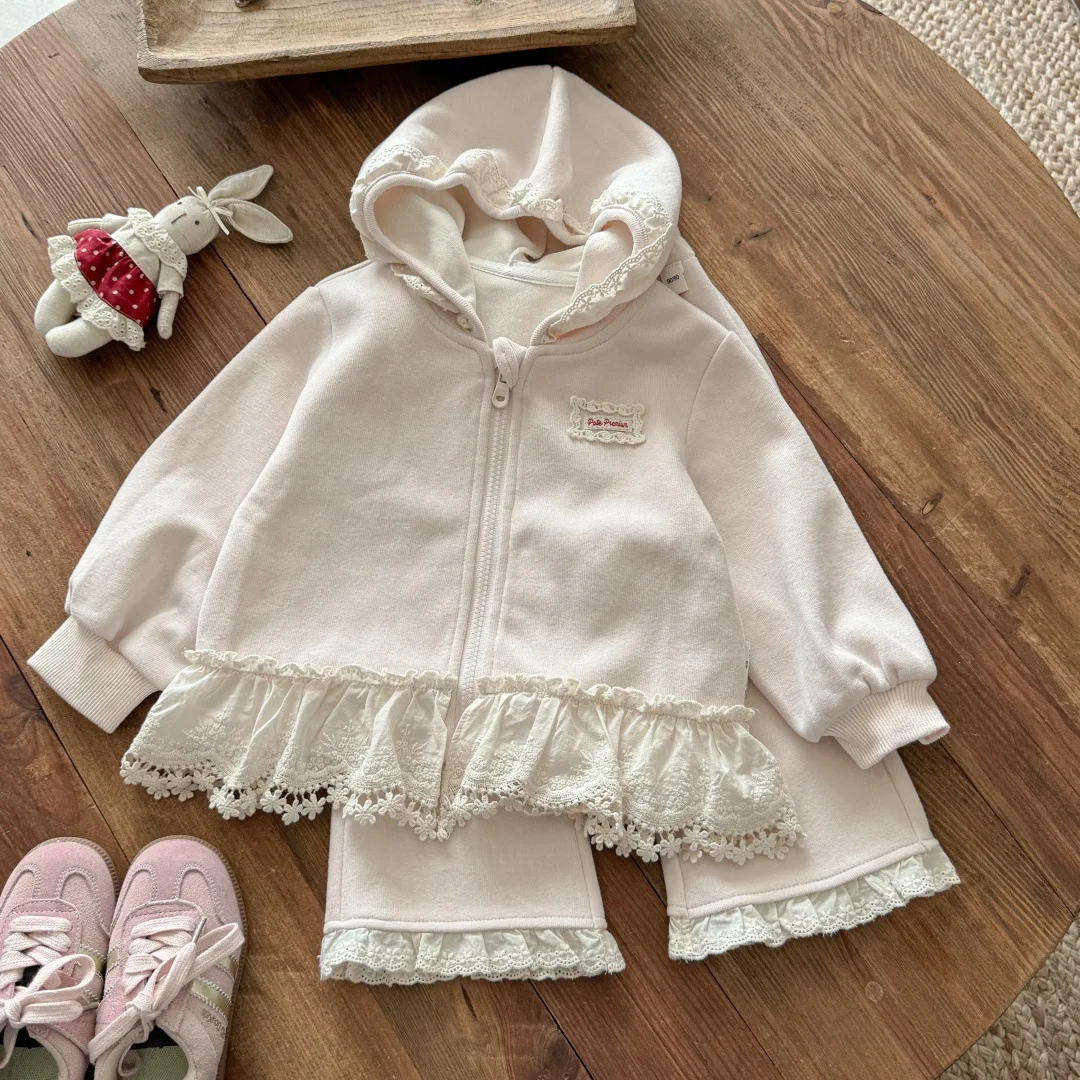 Autumn New Collection Girls' Lace Splicing Coat Hooded Cardigan Pants Two Piece Set Casual Comfortable and Sweet Children's Set