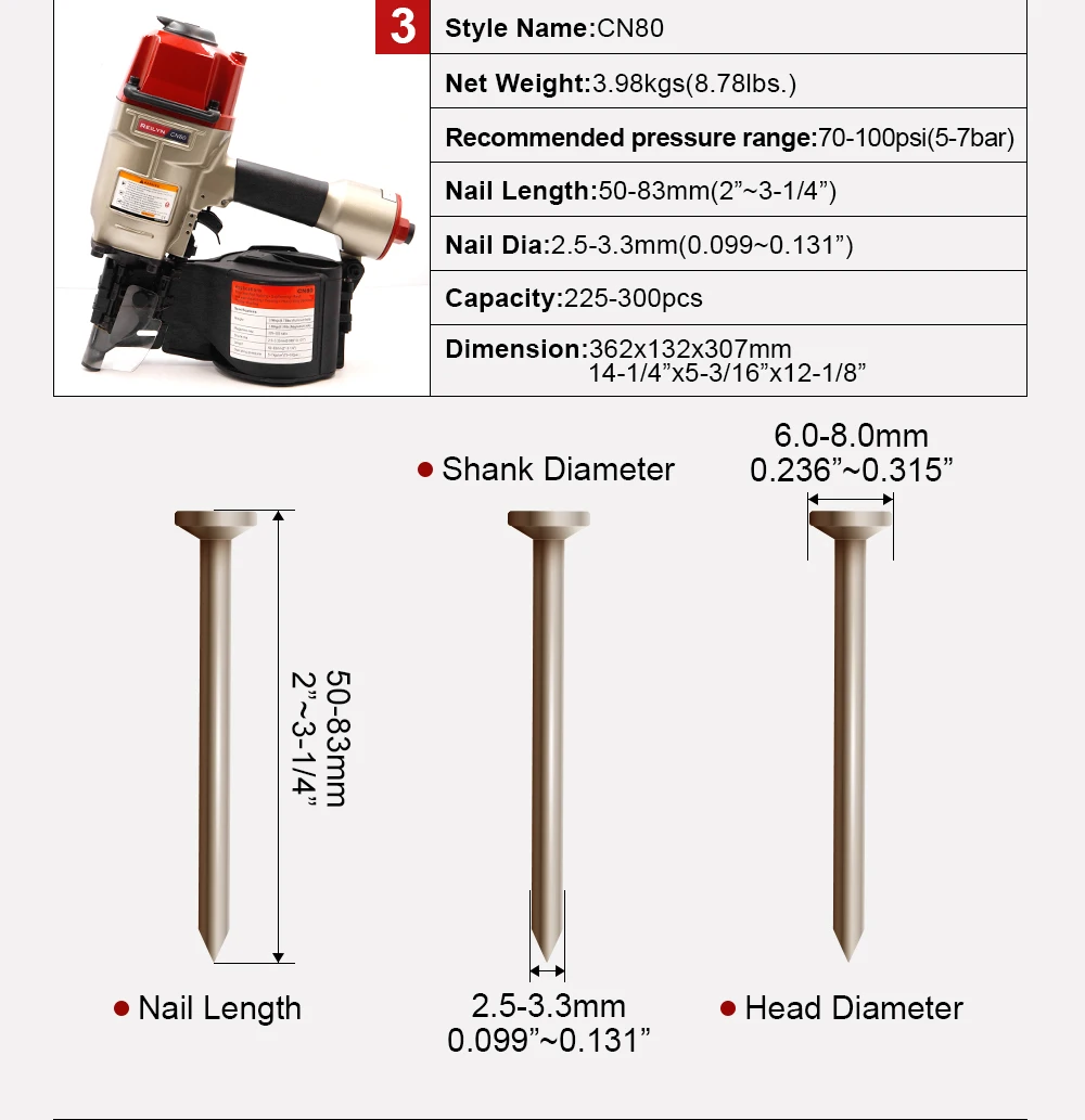 Reilyn CN57 CN70 CN80 CN90B Pneumatischer Spulennagler Luftnagler Nagelpistole für Möbel Dachverkleidung Palettenherstellung – Detail 4