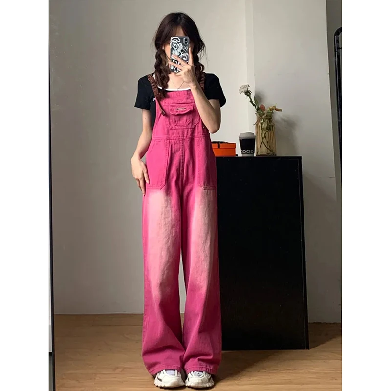 

American Pink Denim Overalls Women Sweet Harajuku Y2K Street Suspenders Pants Preppy Style Sleeveless Casual Loose Jumpsuits