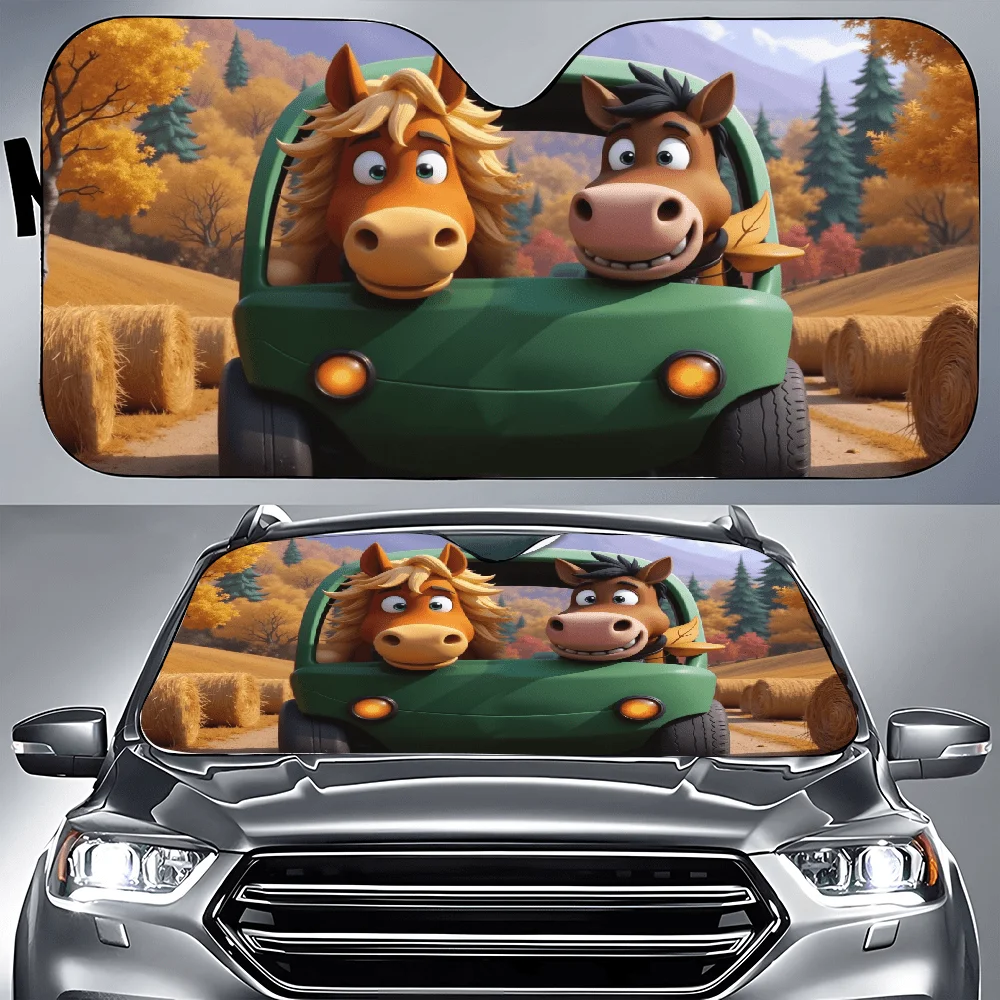 Couple Of Horses Riding In The Back Of A Green Car Car Auto Sunshades Car Sunshade, Front Window Sun Cover For Car, Auto Sunshad