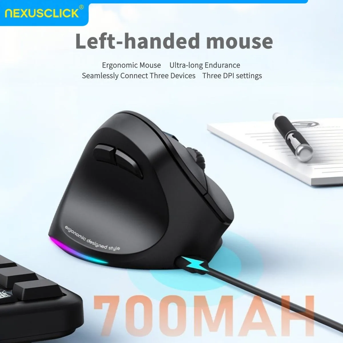 NexusClick Left-Handed Vertical Ergonomic Wireless Mouse 2.4G BT Dual Mode 2400 DPI Silent Rechargeable for Laptop Office Gaming