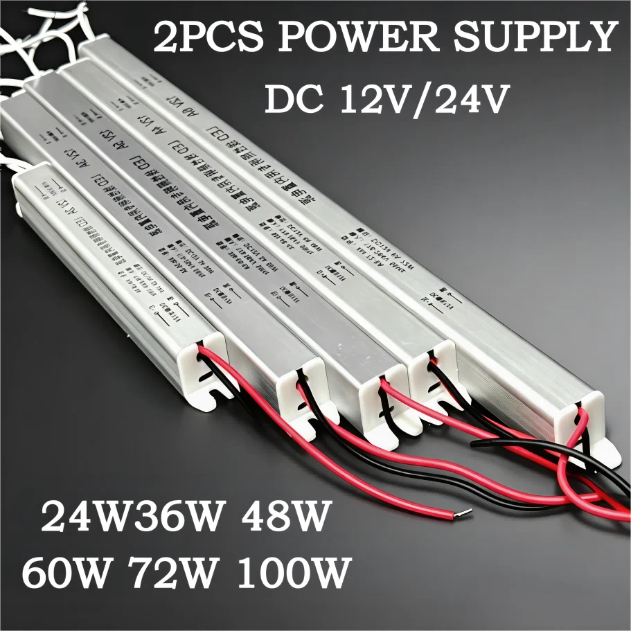 1-2PCS 12V 24V LED Strip Power Supply 24W-100W AC To DC IP20 Waterproof Aluminum Shell Transformer Outdoor Light Strip Driver