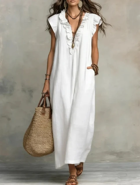 Women's Retro Bohemian Ruffle Linen Maxi Dress, Ruffle V-Neck Sleeveless Loose Summer Dress with Pockets, Summer Casual High-Waist Loose Beach Maxi Dress, Sunny Dress with Flutter Sleeves and Floor-Length Skirt