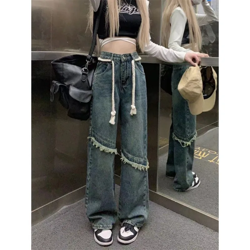 

American Retro Burlap Jeans for Women Spring and Summer Ins High Street Straight Y2k Pants Loose Wide-legged Dragging Trousers