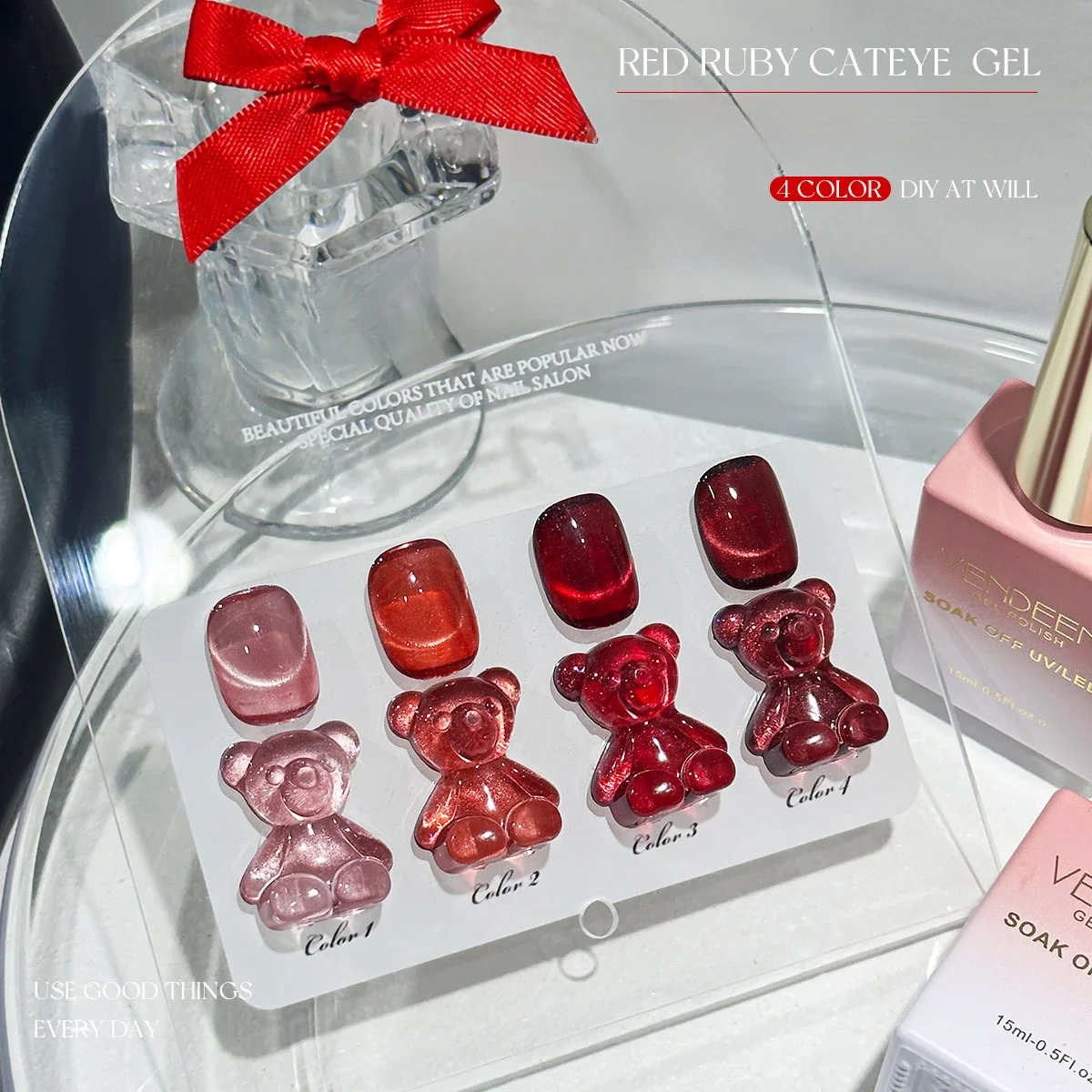 

Vendeeni 4 Colors Ruby Cat Eye Nail Gel Polish Magnetic UV Soak Off Gel Varnish Red Nail Art Cat Eye Gel Lacquer With Display