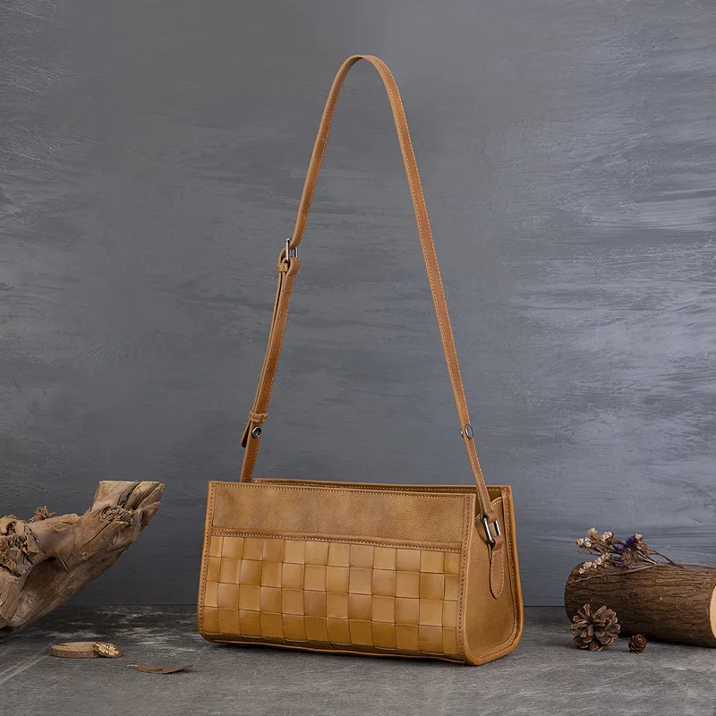 

Handcrafted Woven Genuine Leather Clutch Bag Women Minimalist Timeless Design Adjustable Strap Cowhide Crossbody Shoulder Purse