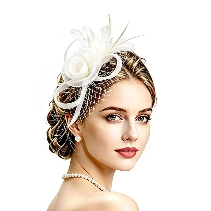 31BB Flower Mesh Headpiece with Decors Hairband for Horse Racing Event Styling