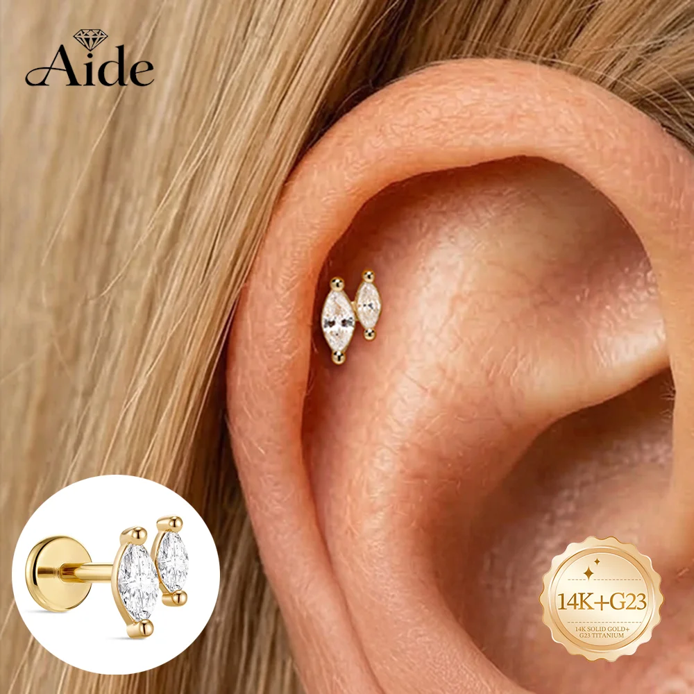 AIDE 14K Solid Gold  Horse Eyes CZ Zircon Women's Cartilage Helix Flat Back Piercing Multi Sized Wedding Bridal Jewelry