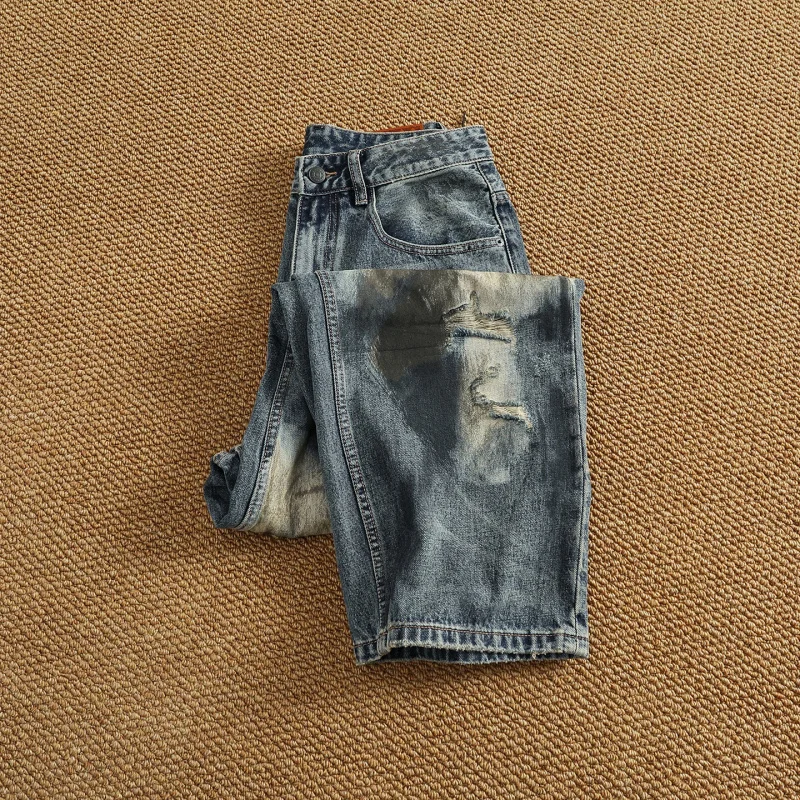 High street trendy brand loose straight leg pants for men's fashion, handmade ink splashed dyeing, heavyweight retro denim pants