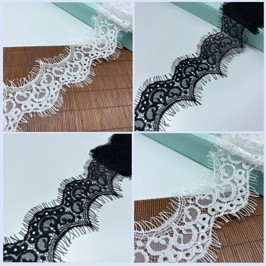 (3M/lote) Encaje Chantilly Blanco de 6cm con Borde de Pestañas Negras, Accesorios de Confección IDY para Trabajos de Costura