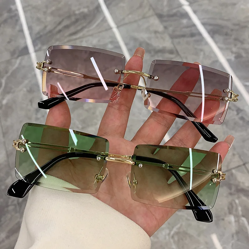 Moda Vintage okulary przeciwsłoneczne bezramkowe dla kobiet bez ramki prostokątne odcienie Gradient UV400 letnie podróże okulary przeciwsłoneczne dla kobiet