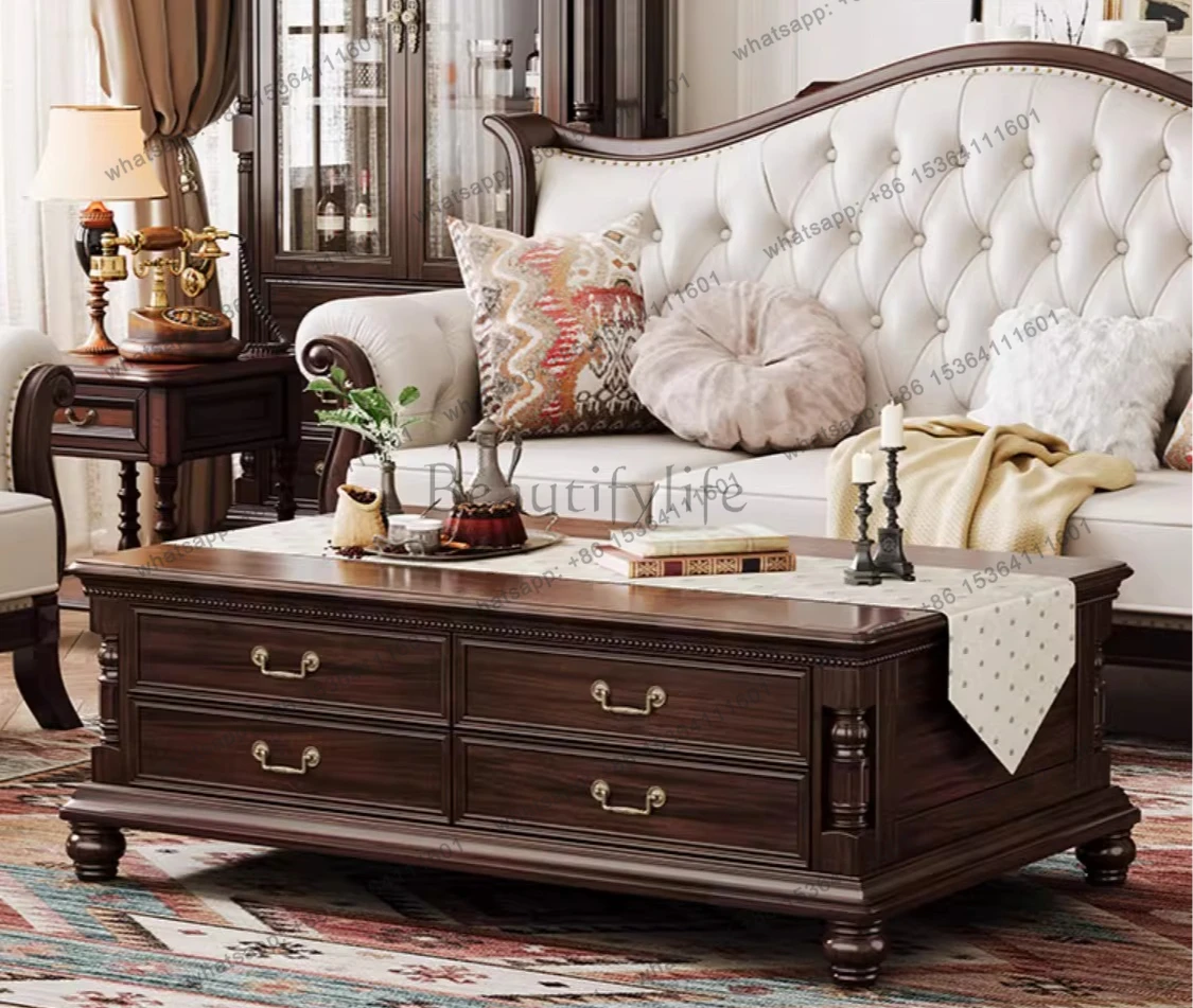yj9 Vintage coffee table American country solid wood with drawers rectangular black walnut storage