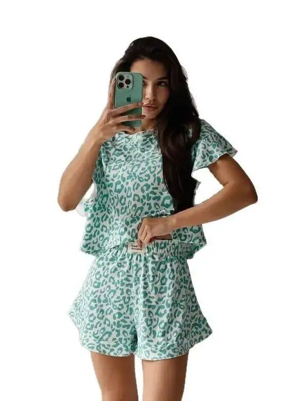 صيف جديد المرأة منامة مع طباعة ملابس منزلية غير رسمية موضة المرأة مجموعة تي شيرتات قصيرة للأطفال النعناع ليوبارد طباعة كشكش السراويل سحر QBPY #5