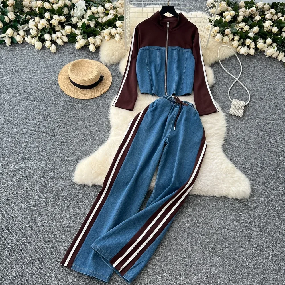 Neploe Hong Kong Style Stand Collar Long Sleeve Vintage Sets Coat Lace Up Straight Wid Leg Pants Casual Denim Moda Suit Trousers