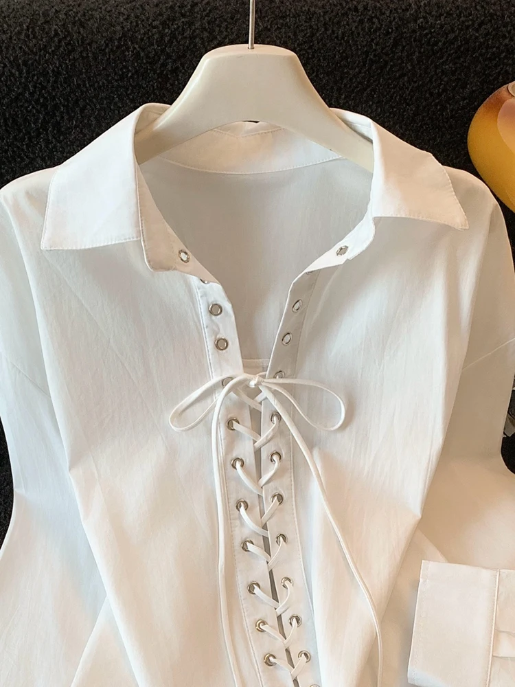 Elegant Bandage Shirts Women Simple Office Lady Long Sleeve Casual Blouse Spring Autumn Exquisite Female Pure Cotton Chic Tops