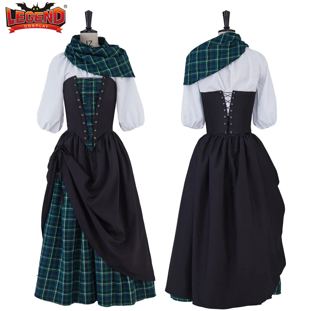 

18th Century Outlander Scotland Highland Costume Tartan 2 Piece Gown with Shawl Corset Medieval Gothic Colonial Dress Plaid Gown