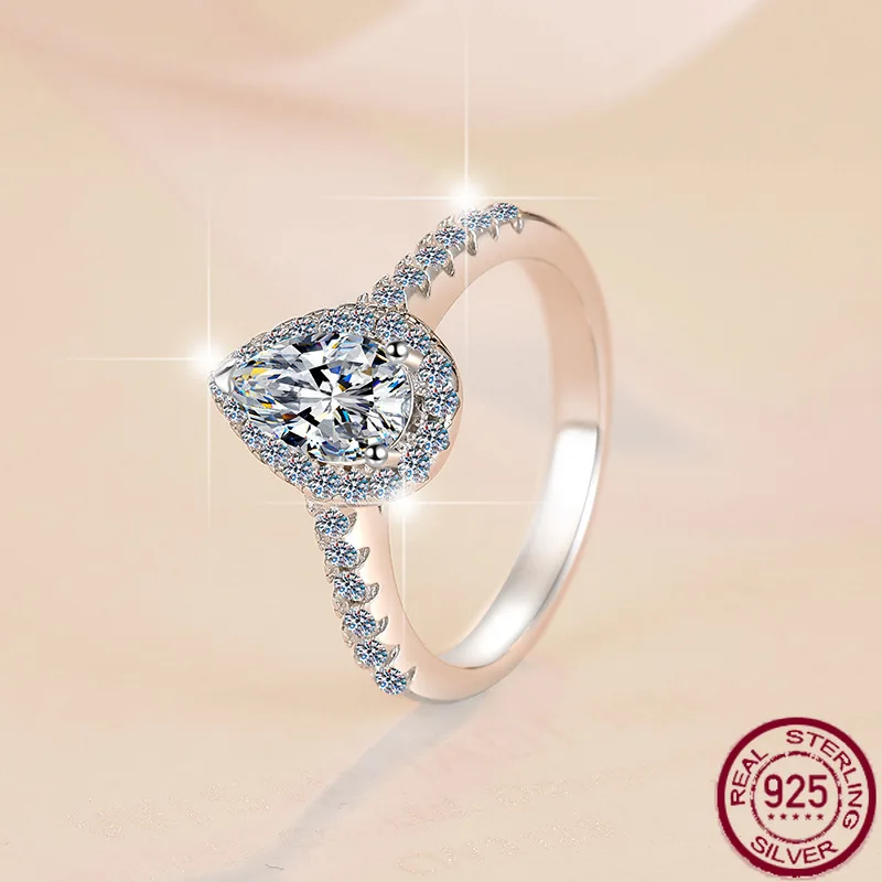 

Новое кольцо из чистого серебра 925 пробы с каплями воды для девочек, в форме груши, 1 карат, легкое, роскошное, модное, с муассанитом, свадебные украшения