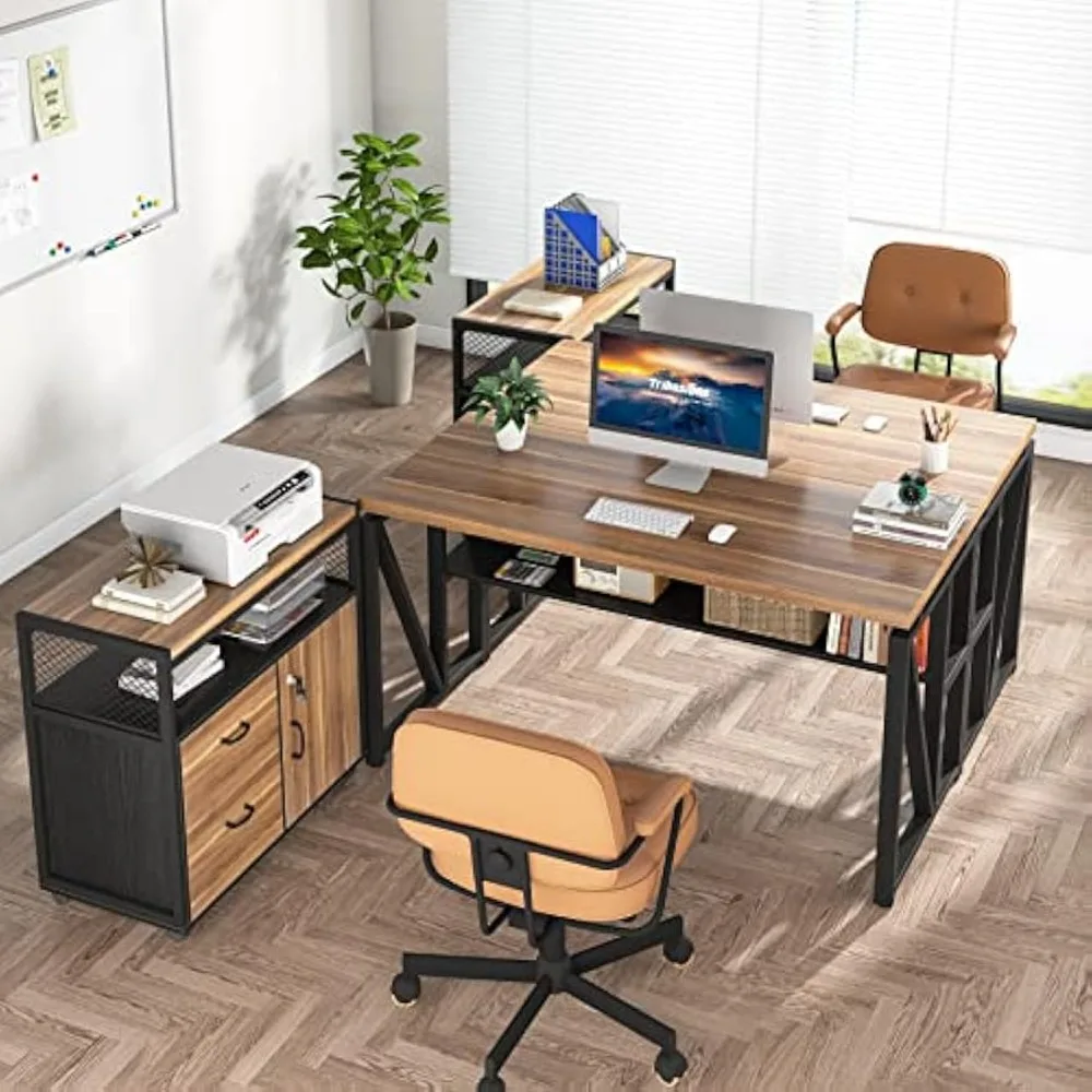 Desk with Drawer, 55" Long Computer Desk with Storage Rack and Mobile Document Cabinet, Home Office Furniture Set Executive Des