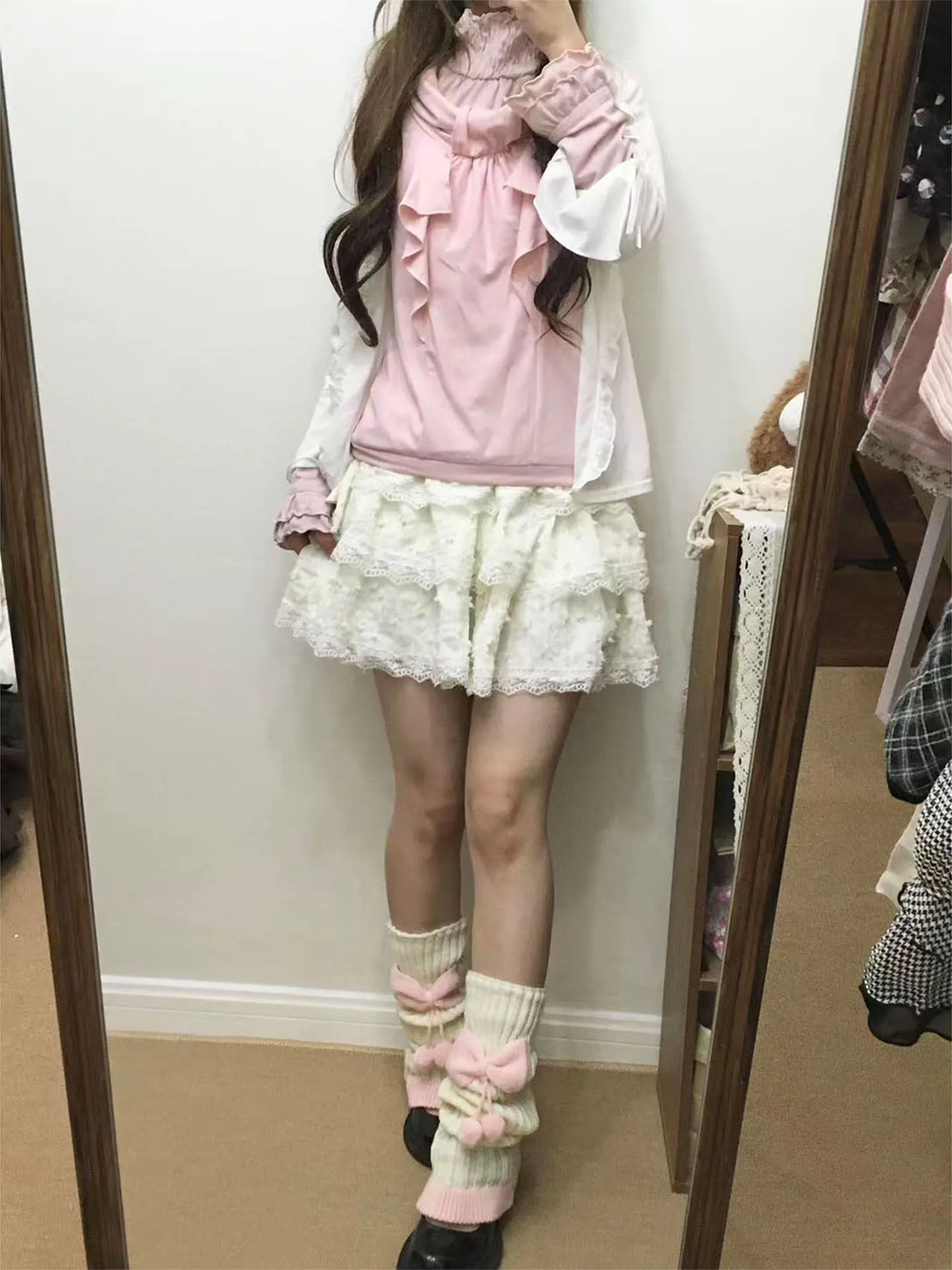 Ballet Style Lace Trim White Cake Half Skirt Women's Autumn Design Small Size A-Line Fluffy Short Skirt Casual High Waist Ela...